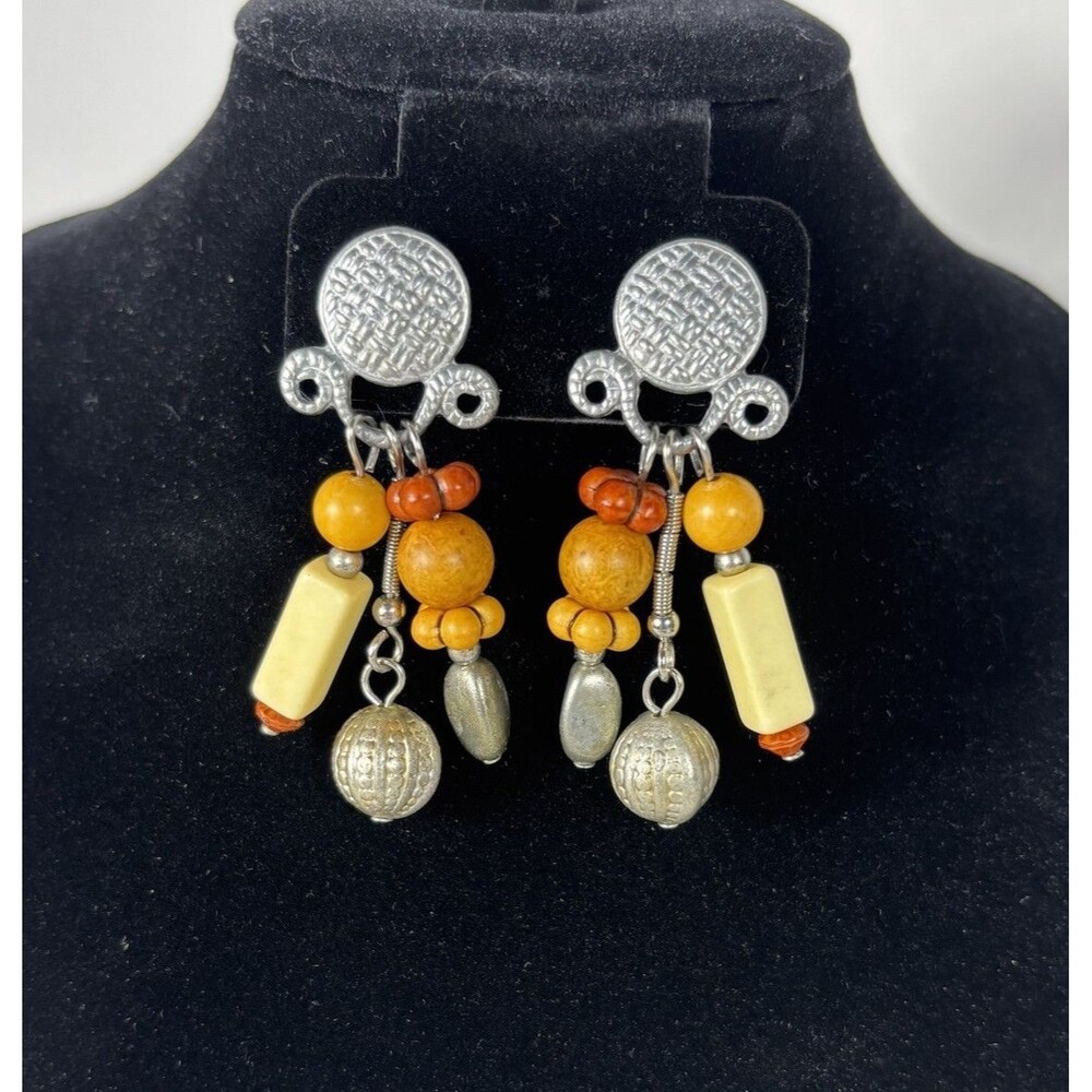 Vintage Robert Rose Orange Silver‎ Boho Tribal Aztec Dangle Earrings Unique Cute